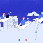 Figures using paper airplanes to travel